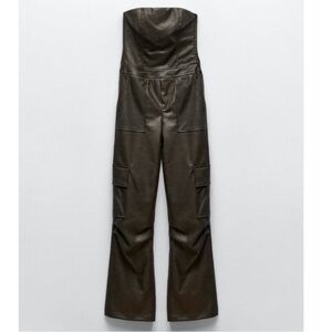 Zara Faux Leather Strapless Cargo Wide Leg Jumpsuit Brown Overalls Romper Small